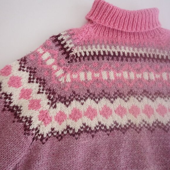 Hand Knit Pink Purple Winter Fisherman Fair Isle Turtleneck Wool Sweater S - Picture 9 of 11